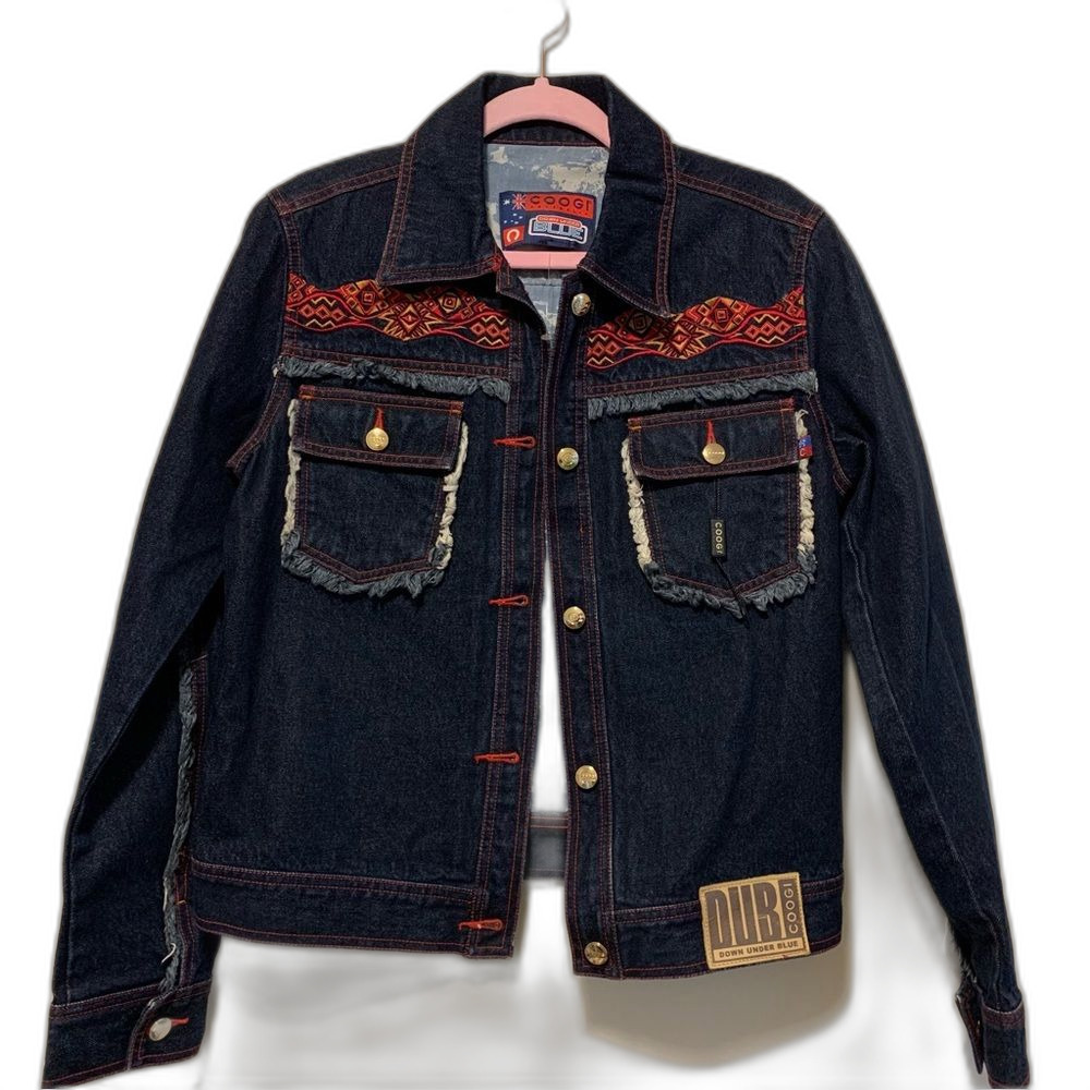 Coogi Australia Down Under Blue embroidered frayed hem denim jean jacket size m